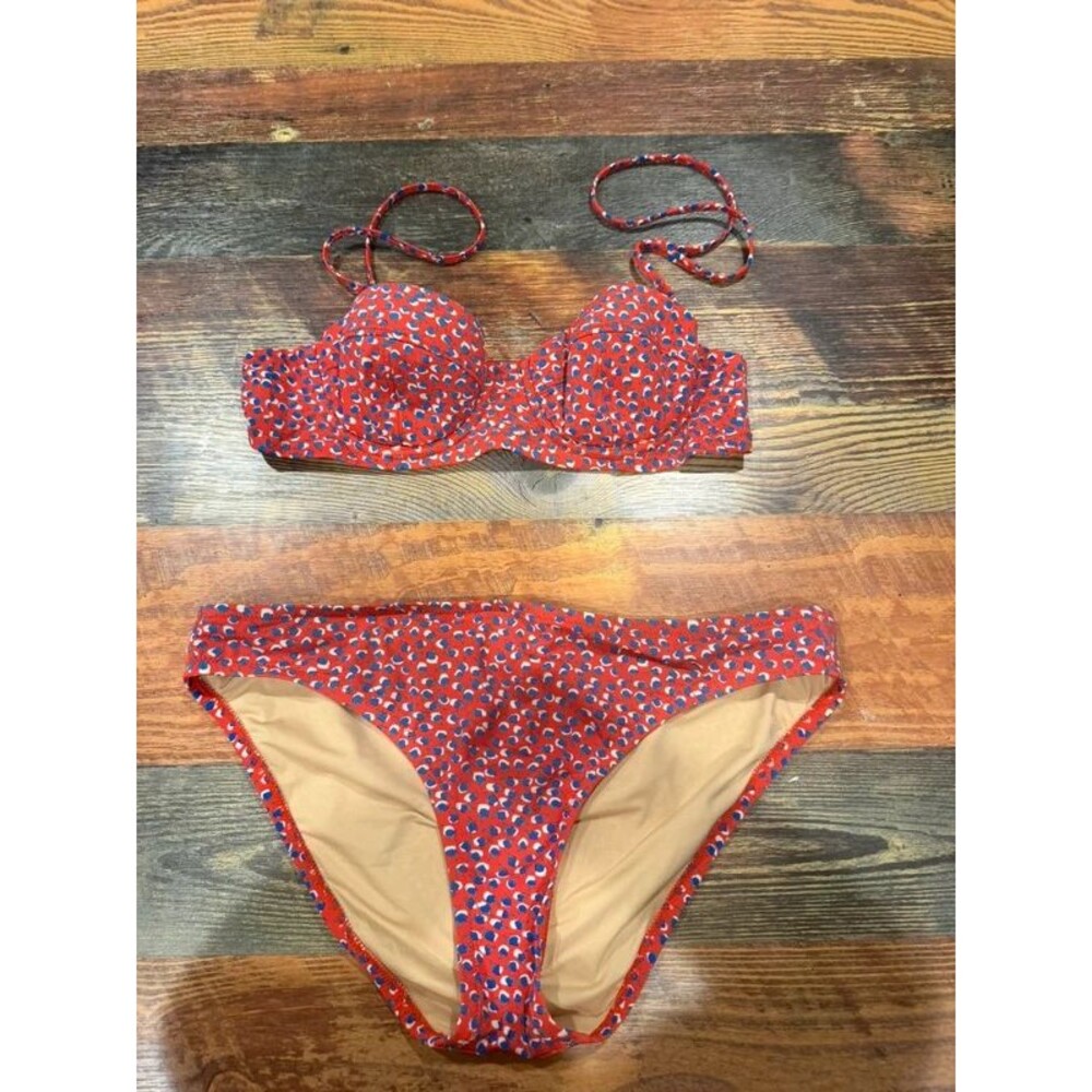 J.Crew 34A Small Bikini Set Red Leopard Underwire Halter Y2K Retro Swimsui